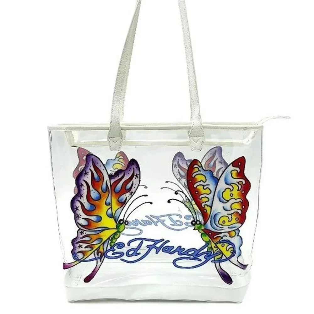 NWT Ed Hardy Butterfly Graphic Vintage Y2K Clear Festival‎ Large Tote Bag